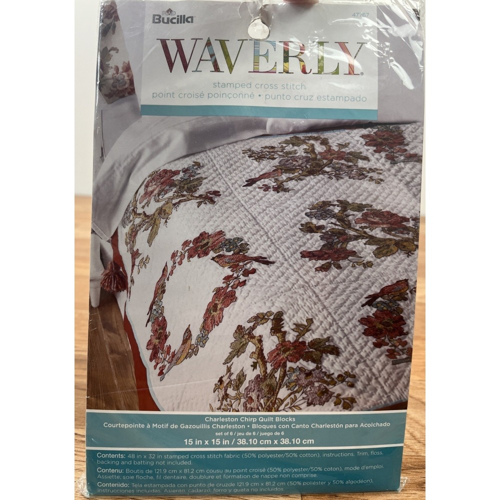Bucilla Waverly Stamped Cross Stitch Charleston Chirp Quilt Blocks NEW